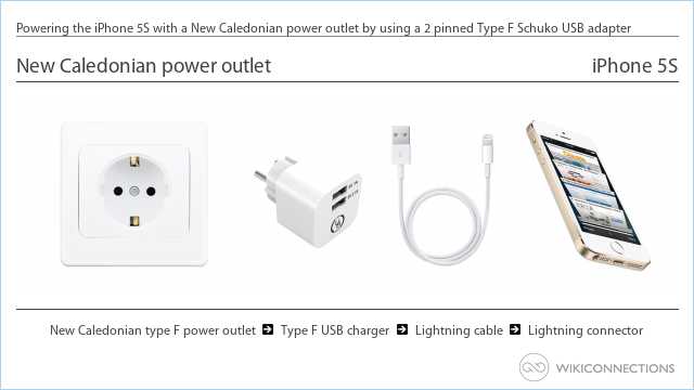 Powering the iPhone 5S with a New Caledonian power outlet by using a 2 pinned Type F Schuko USB adapter